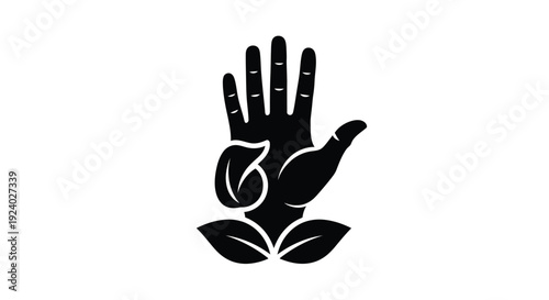 Black silhouette of a hand with a dove and leaves symbolizing peace and harmony in a minimalist design