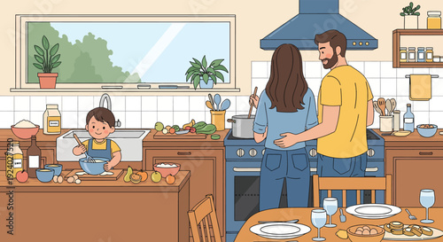 Family preparing a meal together in a cozy kitchen