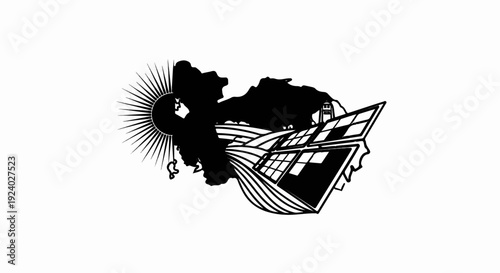 Stylized sun behind dark silhouette of landmass with solar panels