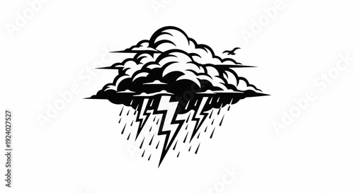 Stylized storm cloud with lightning, rain, and a bird in flight