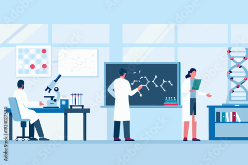 Scientists collaborating in a modern laboratory environment discussing research