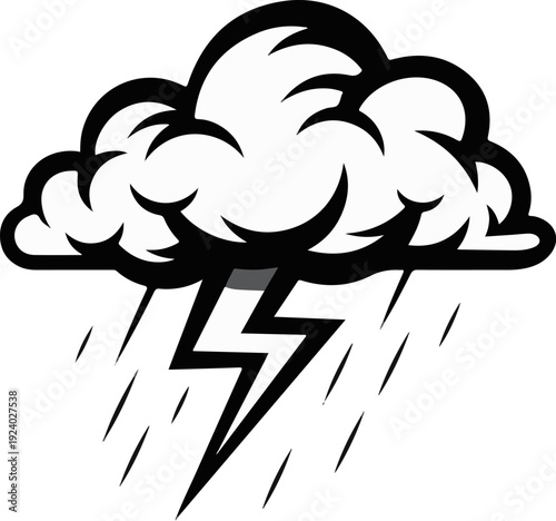 Stylized stormy cloud with lightning bolt and falling rain drops