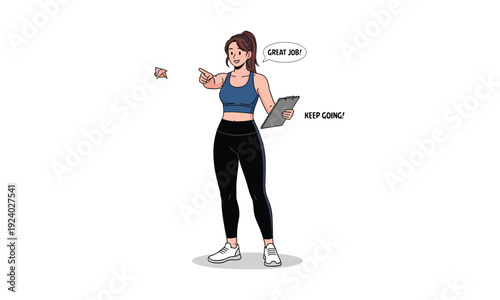 A woman in athletic wear standing with a laptop and phone