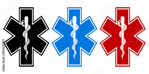 Three star of life symbols in black blue and red colors