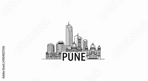 Stylized line art skyline with prominent "PUNE" text, showcasing varied architecture