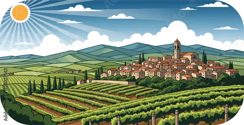Sunny Tuscan hills dotted with vineyards and a charming village