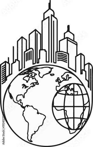 Stylized line art shows a city skyline above a globe
