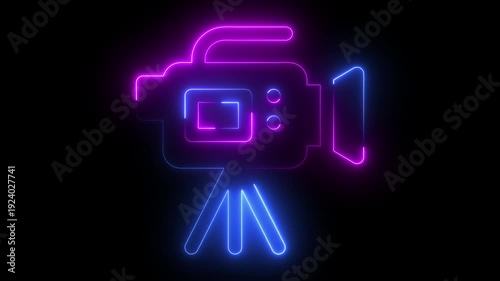 Glowing neon line video camera icon animation. Neon camera icon. Abstract symbol icon of digital camera icon isolated on black background.