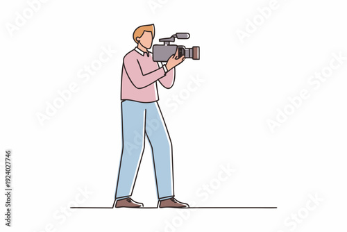A sketch of a young man operating a professional video camera