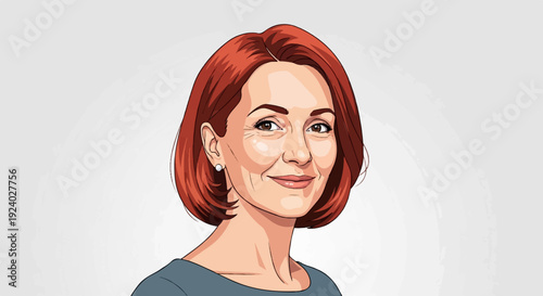 Stylized portrait of a woman with auburn hair and a slight smile