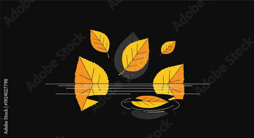 Stylized yellow and orange leaves float on dark water surface