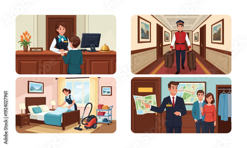 Hotel scene illustrations with various activities