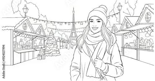 Woman at Parisian Christmas market with Eiffel Tower view