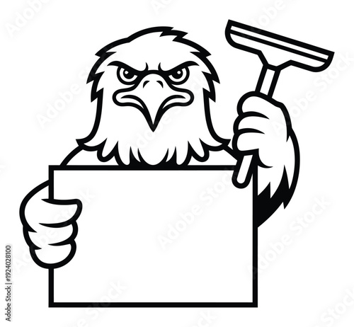 Eagle Character Holding Signboard and Squeegee Vector Illustration