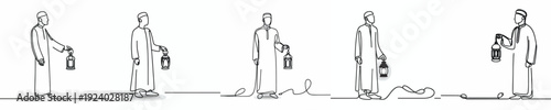 line art of a Muslim man standing carrying a Ramadan lantern