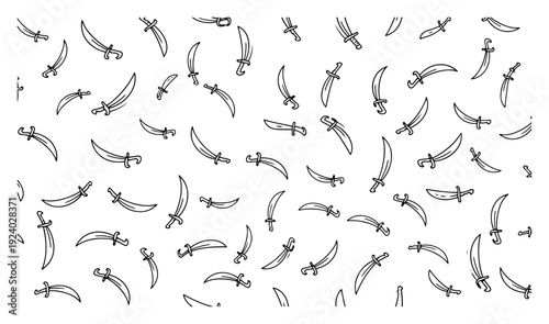 Hand drawn seamless pattern with curved scimitar swords and sabers line art