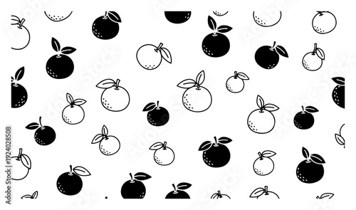 Minimalist seamless pattern of citrus orange fruits in black line art style