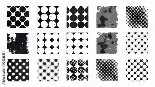 A collection of monochrome square patterns with varying densities and arrangements
