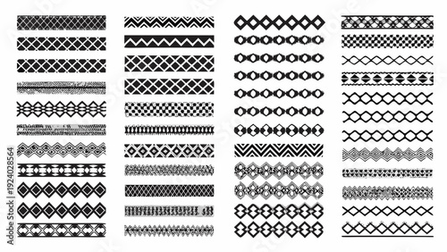 Collection of diverse black and white ornamental border patterns arranged neatly