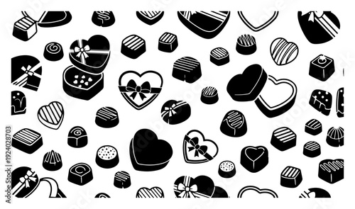 Seamless pattern of assorted chocolate candies and heart shaped gift boxes for valentines day