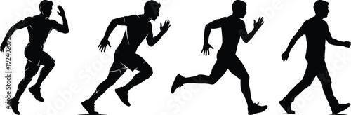 Four black silhouettes of men running in different poses on a white background