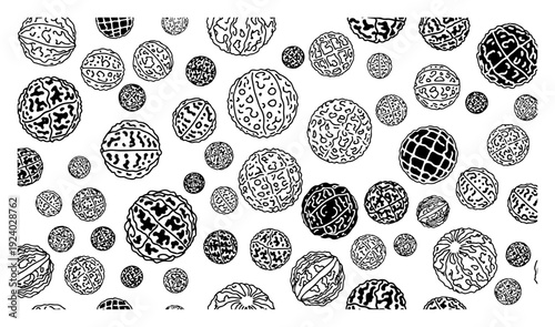 Seamless pattern with detailed hand drawn abstract spheres featuring organic brain like textures
