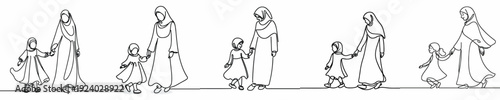 line art of a Muslim mother and daughter walking hand in hand