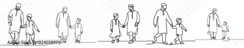line art of a Muslim father and son walking hand in hand
