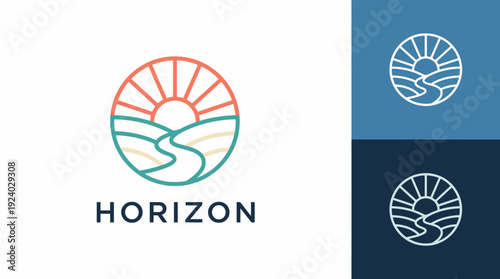 A beautiful logo that features a stylized sun rising above a flowing river, symbolizing new beginnings, positivity, and the beauty of nature in a harmonious visual composition.