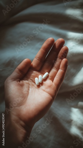 Close-up of a hand holding white paracetamol tablets on a soft background, ideal for illustrating healthcare, medication, and wellness concepts