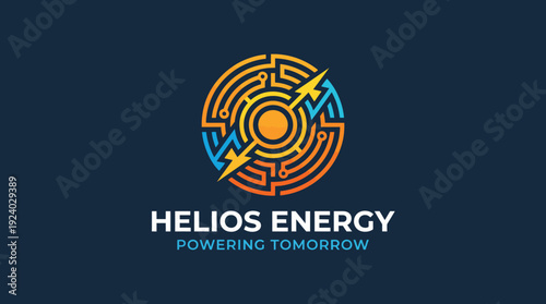 This logo represents Helios Energy with a sun motif within a maze, symbolizing innovation and power for sustainable energy solutions for tomorrow's challenges and opportunities.