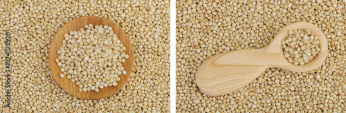 Foto background of sorghum seeds in wooden bowl and spoon