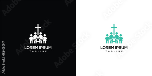 Christian Community Logo Church Group People Holding Hands Cross Symbol of Faith and Unity.