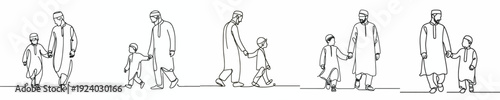 line art of a Muslim father and son walking hand in hand