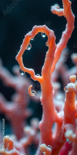 Coral tendrils unfurl like silken ribbons, dusted with pearlescent dew drops,  dream,  art
