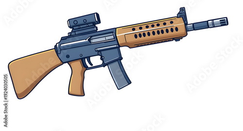 gun, assault, rifle, weapon, firearm, cartoon, illustration, isolated, white, military, army, combat, tactical, shooter, battle, defense, war, ammo, magazine, barrel, trigger, stock, sight, modern, au