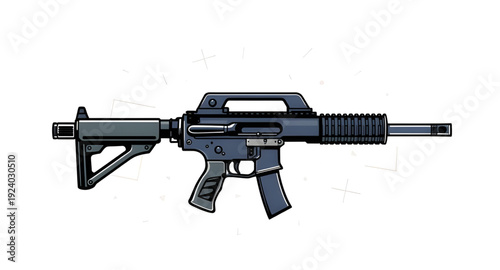 gun, assault, rifle, weapon, firearm, cartoon, illustration, isolated, white, military, army, combat, tactical, shooter, battle, defense, war, ammo, magazine, barrel, trigger, stock, sight, modern, au