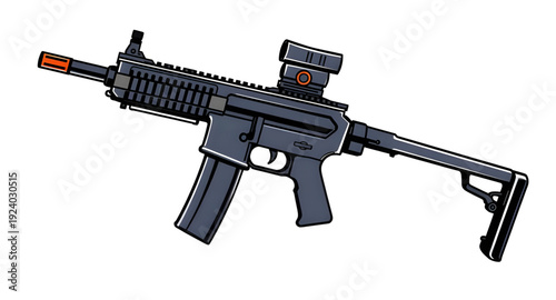 rifle, gun, assault, weapon, firearm, cartoon, illustration, isolated, white, military, combat, army, tactical, shooter, battle, defense, war, ammo, magazine, barrel, trigger, stock, sight, modern, au