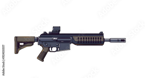 rifle, gun, assault, weapon, firearm, cartoon, illustration, isolated, white, military, combat, army, tactical, shooter, battle, defense, war, ammo, magazine, barrel, trigger, stock, sight, modern, au