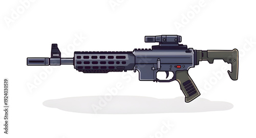 rifle, gun, assault, weapon, firearm, cartoon, illustration, isolated, white, military, combat, army, tactical, shooter, battle, defense, war, ammo, magazine, barrel, trigger, stock, sight, modern, au