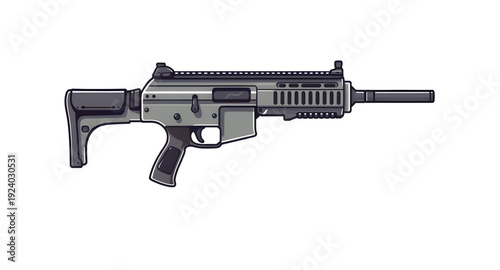 rifle, gun, assault, weapon, firearm, cartoon, illustration, isolated, white, military, combat, army, tactical, shooter, battle, defense, war, ammo, magazine, barrel, trigger, stock, sight, modern, au