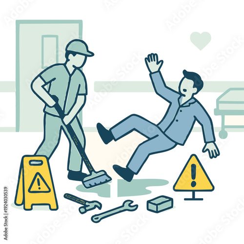 Man slipping on wet floor next to cleaner with warning sign