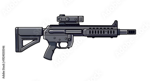 assault, gun, rifle, weapon, firearm, cartoon, illustration, isolated, white, military, army, combat, tactical, shooter, battle, defense, war, ammo, magazine, barrel, trigger, stock, sight, modern, au