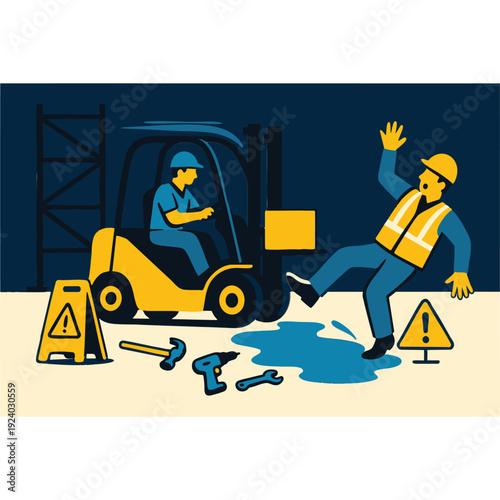 Worker falling on wet floor near forklift and tools