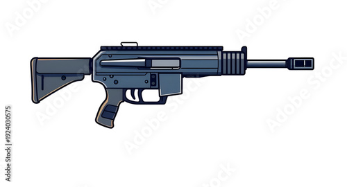 firearm, rifle, assault, gun, weapon, cartoon, illustration, isolated, white, military, combat, army, tactical, shooter, battle, defense, war, ammo, magazine, barrel, trigger, stock, sight, modern, au