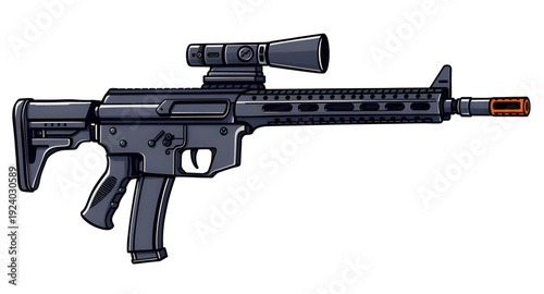 firearm, rifle, assault, gun, weapon, cartoon, illustration, isolated, white, military, combat, army, tactical, shooter, battle, defense, war, ammo, magazine, barrel, trigger, stock, sight, modern, au