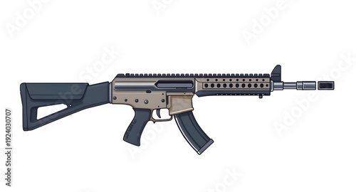 rifle, assault, gun, weapon, firearm, cartoon, illustration, isolated, white, military, army, combat, tactical, shooter, battle, defense, war, ammo, magazine, barrel, trigger, stock, sight, modern, au