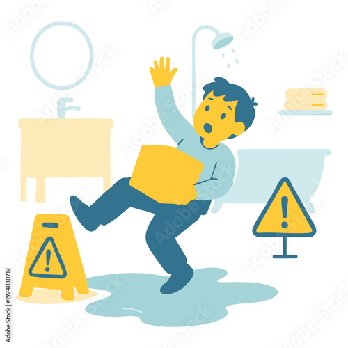 Man falls in bathroom slippery floor caution
