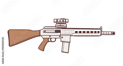 assault, rifle, firearm, gun, weapon, cartoon, illustration, isolated, white, military, combat, army, tactical, shooter, battle, defense, war, ammo, magazine, barrel, trigger, stock, sight, modern, au
