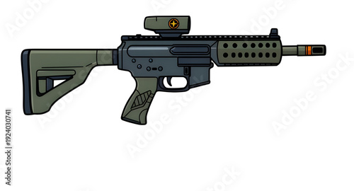 assault, rifle, firearm, gun, weapon, cartoon, illustration, isolated, white, military, combat, army, tactical, shooter, battle, defense, war, ammo, magazine, barrel, trigger, stock, sight, modern, au